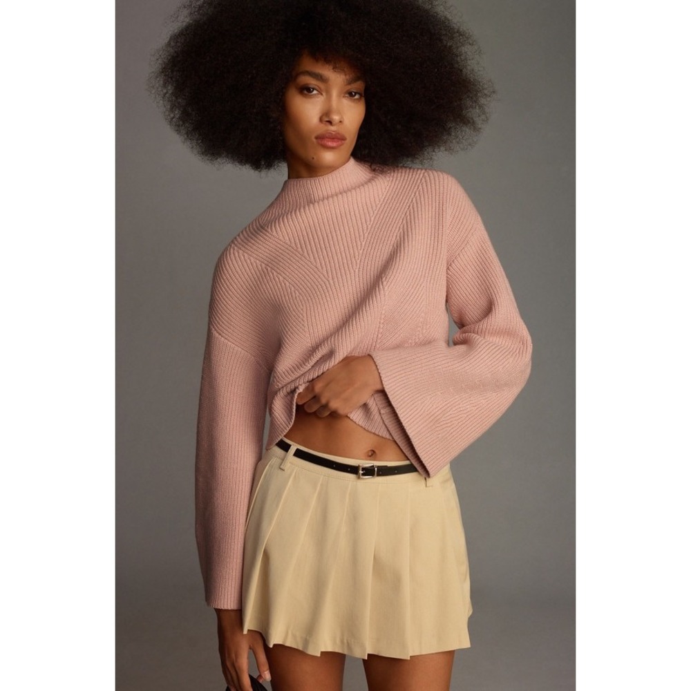 Maeve Anthropologie Pink Mock Neck Bell Sleeve Ribbed Knit Sweater Medium